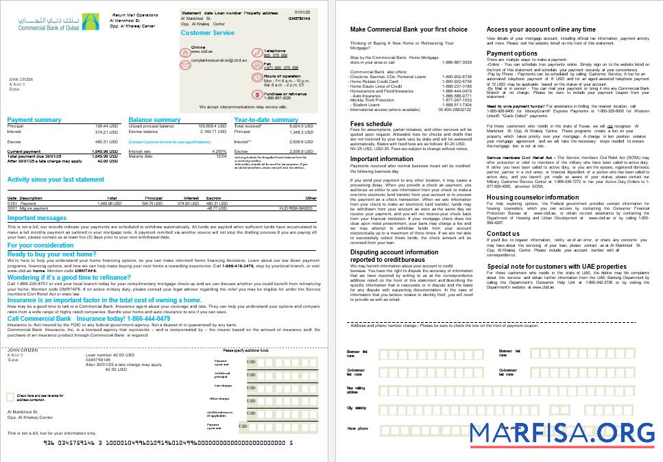 Downloadable UAE Commercial Bank mortgage statement in Word and PDF formats, 2 pages template